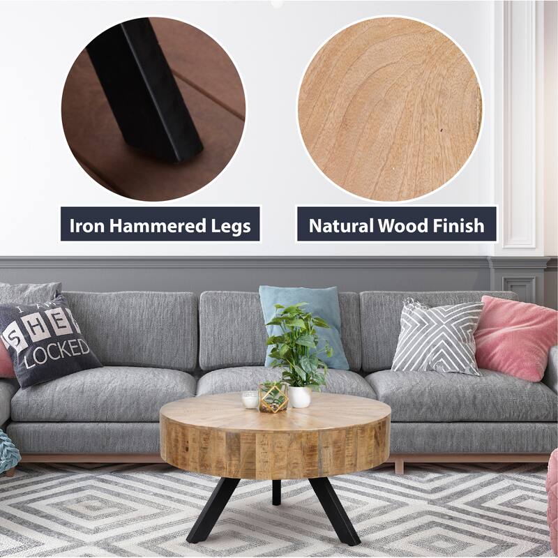 Rustic Round Coffee Table, Mango Wood With Metal Legs Mercury Table
