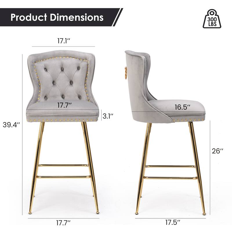 Set of 2 Gray Velvet Wingback Bar Stools, Button Tufted with Nailhead Trim & Metal Legs - Counter Height
