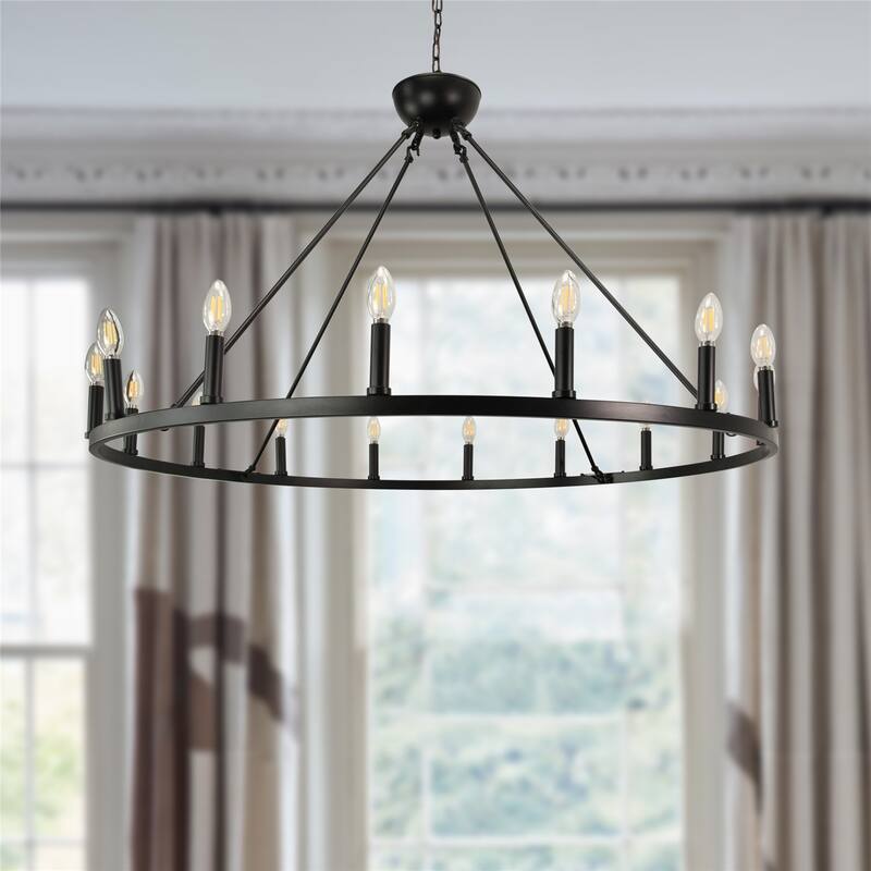 12 Light Chandelier Wagon Wheel (37” Wide) Matte Black Steel Frame