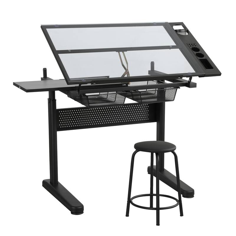 Hand Crank Adjustable Drafting Table Drawing Desk With 2 Metal Drawers (BLACK)WITH STOOL