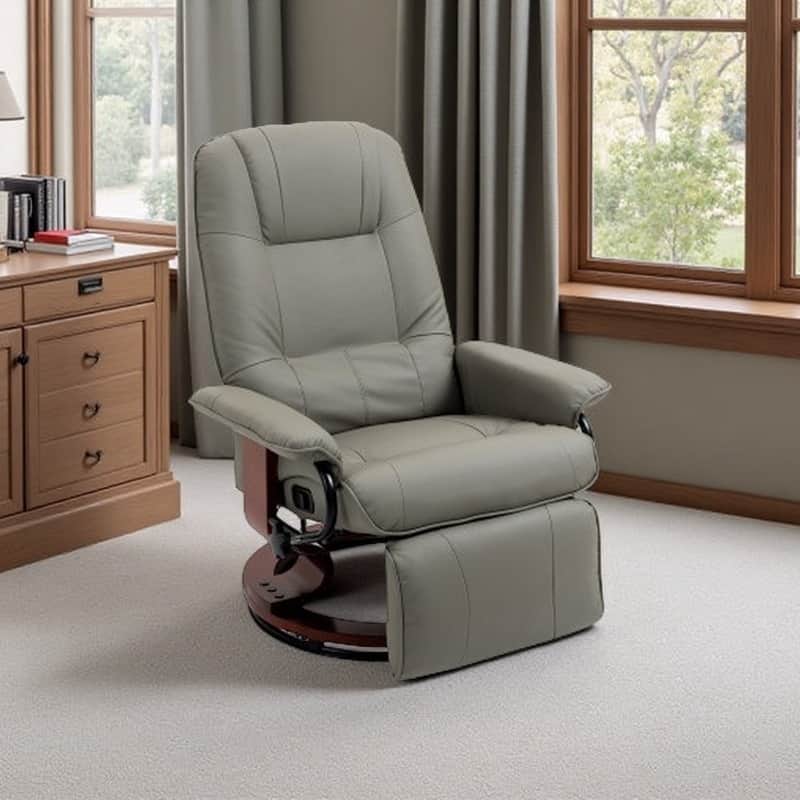PU Leather Recliner with Wooden Swivel Base, Manual Recline, Padded Armrests, and Footrest - Gray