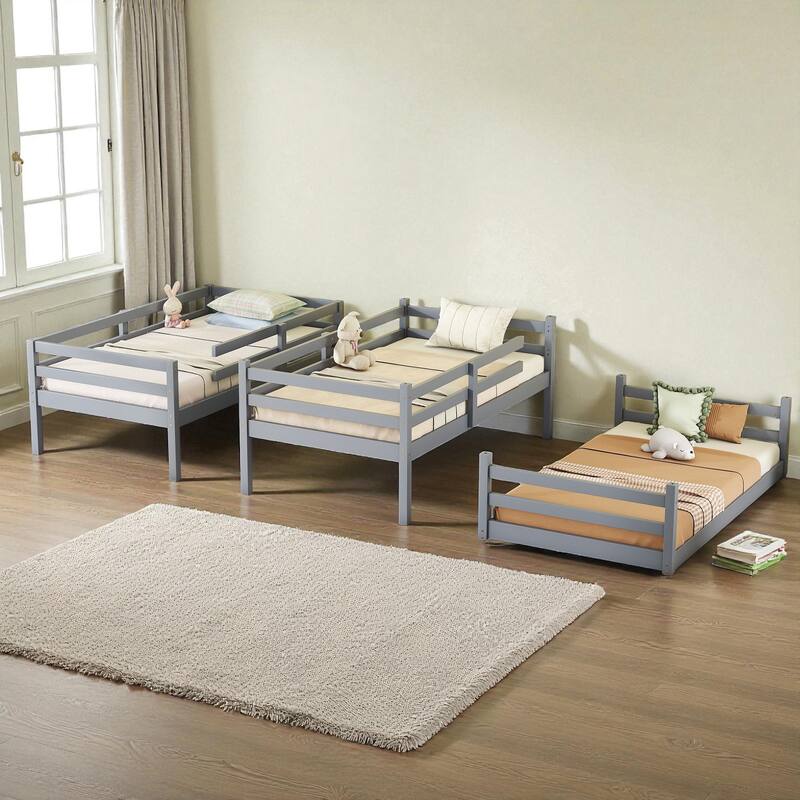 Twin Over Twin Over Twin Rubber Wood Triple Bunk Bed with Guardrails and Two Built-in Ladders, Detachable 3-Tier Bed Frame