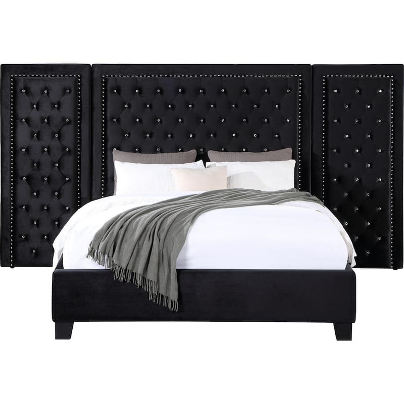 Cleo Queen Bed, Velvet, XL 3 Panel Tall Headboard, Crystal Tufted, Black