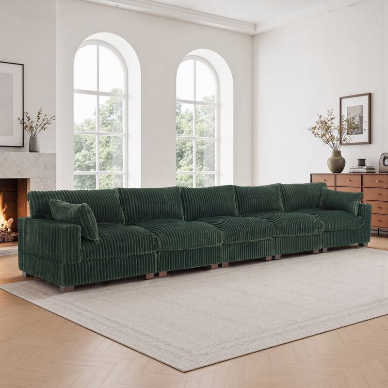 Plush Corduroy Upholstered Modular Sectional Sofa with Pillows - Symmetrical - Green-5 Pieces