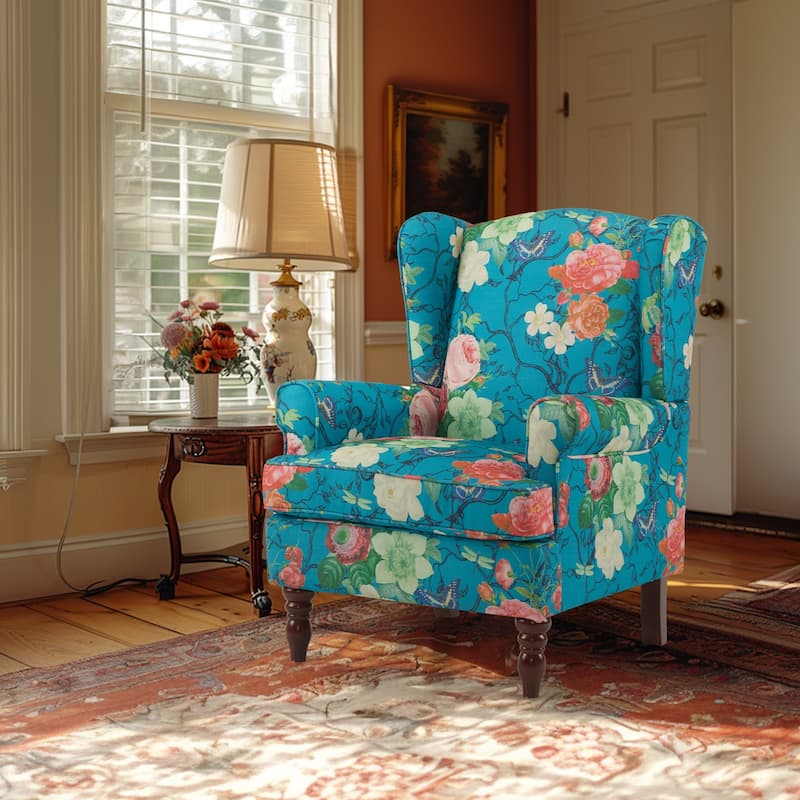 Erommy Modern Accent Chair, High Back Armchair, Upholstered Fabric Button Single Sofa with Wooden Legs for Living Room - Teal - Flower