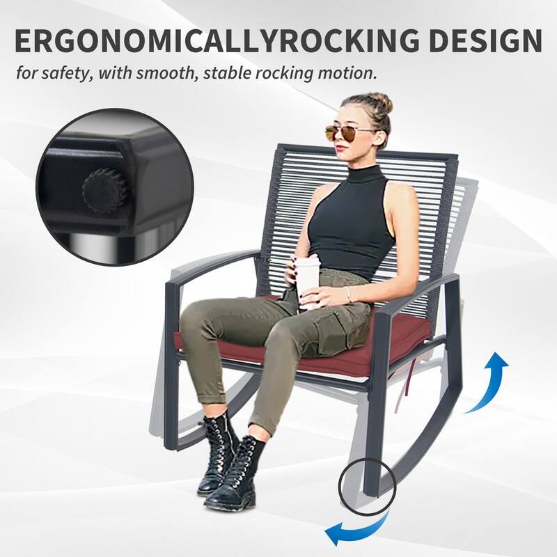 Domi Outdoor 3-Piece Wicker Rocking Chair Set, Patio Conversation Set with Removable Textilene Cushions & Metal Coffee Table