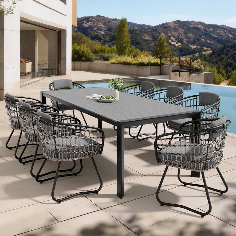 Set of 9 Outdoor Patio Dining Set WoodLike Table Top Aluminum Rectangular Umbrella Hole Table with PE Rattan Chairs