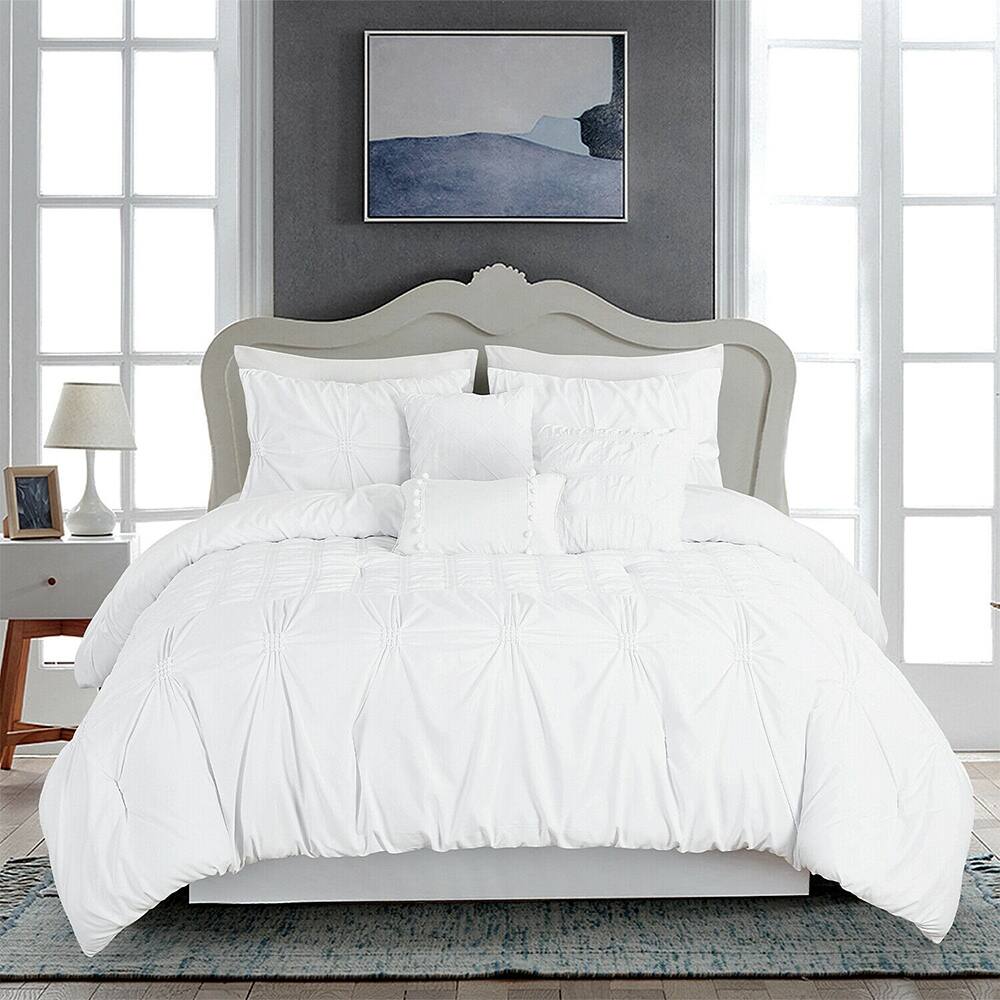 7 Piece Comforter Set Embroidered Design Microfiber King White