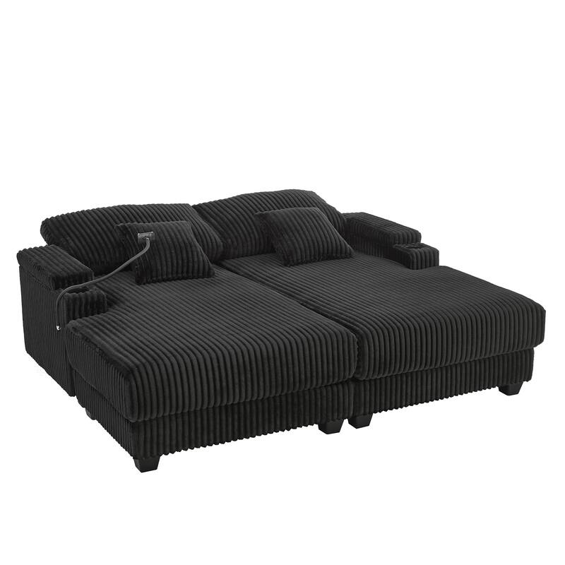 Corduroy Chaise Lounge Sofa Loveseat Sleeper Sofa with Adjustable Backrest, Cup Holders, Phone Holder and Dual Storage Armrest
