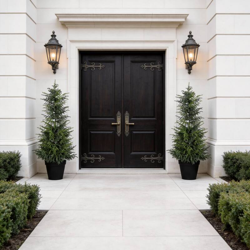 4" Artificial Real Touch Pine Tree in Black Plastic Pot, 2pc/set - Green Leaves