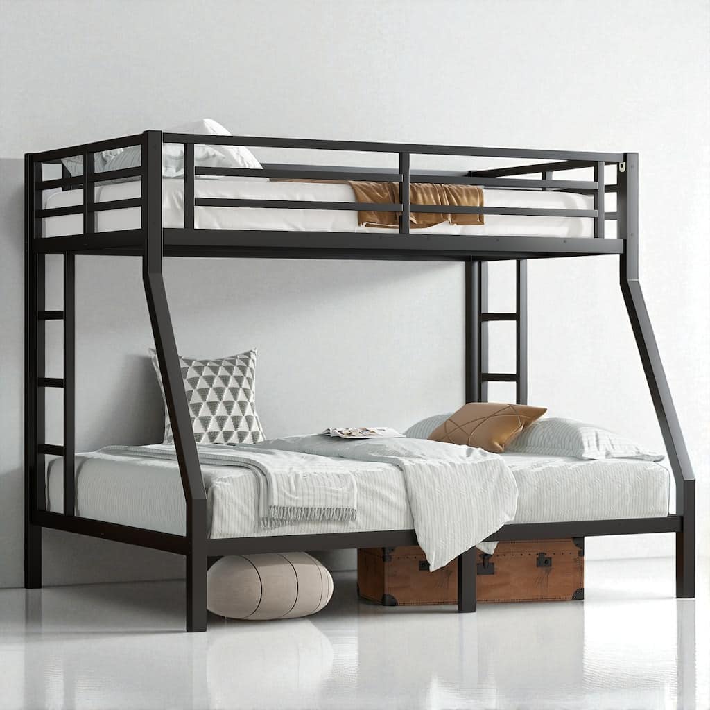 Metal Twin over Full Bunk Bed, Space-Saving, Noise-Reduced, No Box Spring Needed, Black for Teens and Adults