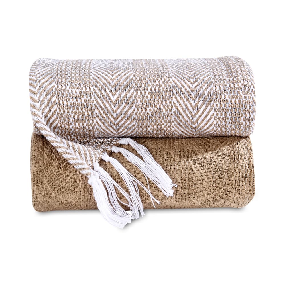 100% Cotton Hand Woven Throw Blankets '50x60'' Set of 2 Herringbone Light Weight All Season