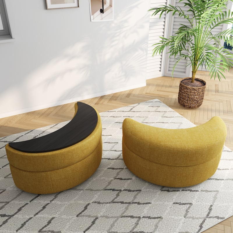 Upholstered Half Moon Storage Ottoman with Tray Set of 2 - Chenille - Mustard/Chenille