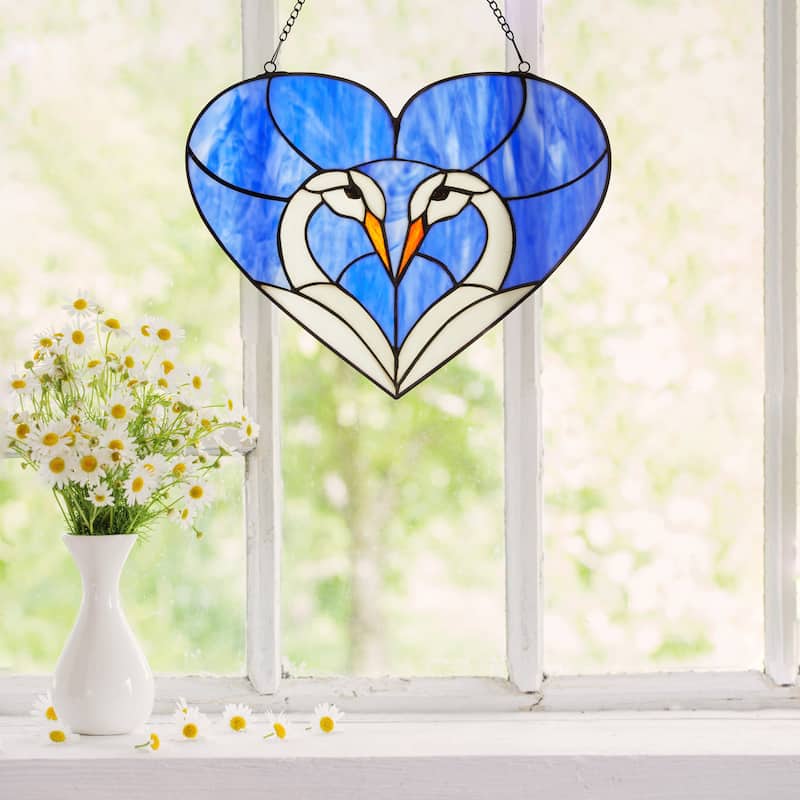 Loving Swans Blue, White and Red River of Goods Stained Glass Window Panel - 15.5" x 0.25" x 12"