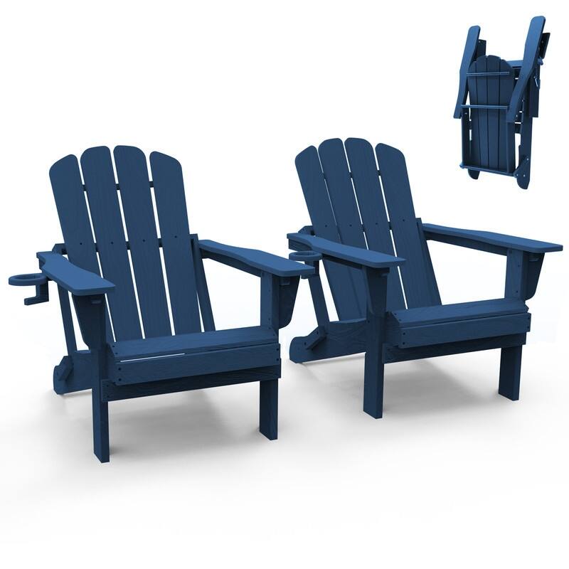 Domi Folding Adirondack Chair,Wooden Textured with Cup Holder,HDPE - 2 Folding Chairs - Blue