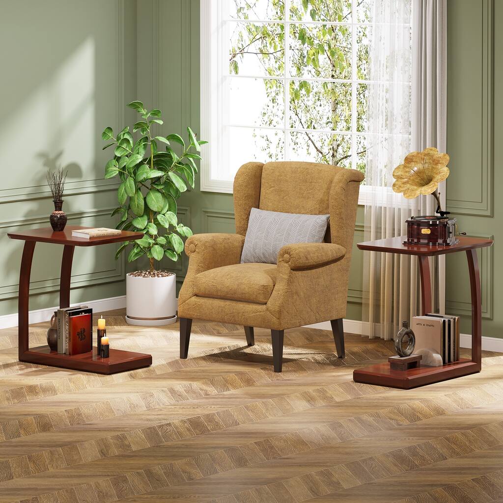 Solid Wood C-shaped End Side Table for Living Room (Set of 2)