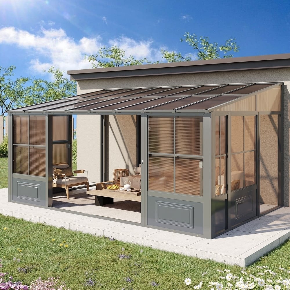 Erommy Outdoor Solarium Sunroom, Patio Hardtop Gazebo, Aluminum Frame Permanent Gazebo with Sliding Doors and Screens