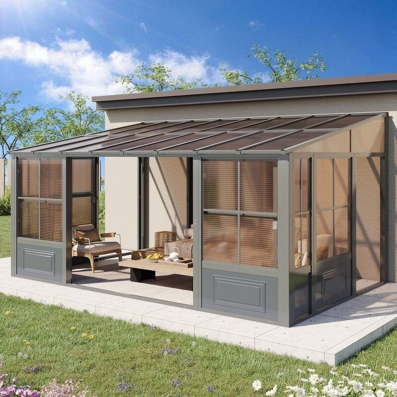 Outdoor Solarium Sunroom,Patio Hardtop Gazebo,All-Season Aluminum Patio Gazebo with with Sliding Doors and Screens