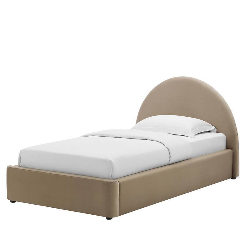 Palmetto Modern Round Headboard Taupe Velvet Upholstered Twin Size Platform Bed