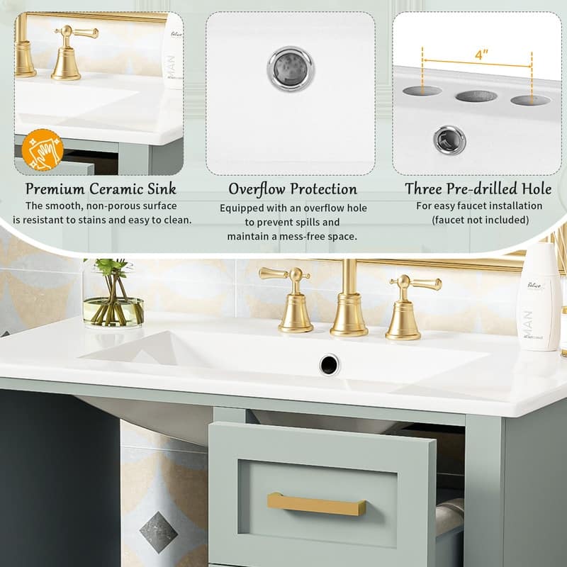 30" Bathroom Vanity ,Bathroom Cabinet with Sink Combo Set,Bathroom Storage Cabinet with a Soft Closing Door and 3 Drawers(Green)