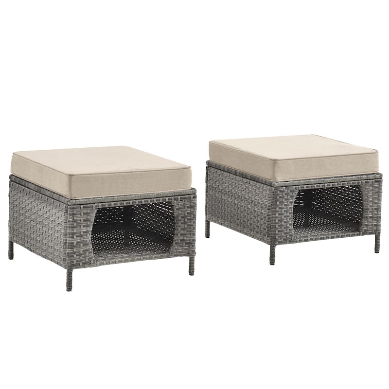 2 Pieces Outdoor Patio Furniture Rattan Storage Ottoman with Cushion