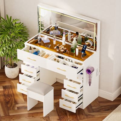46"Glass Top Vanity Desk with 10 Drawers Makeup Vanity with Mirror and Stool,3 Lighting Modes Dressing Table