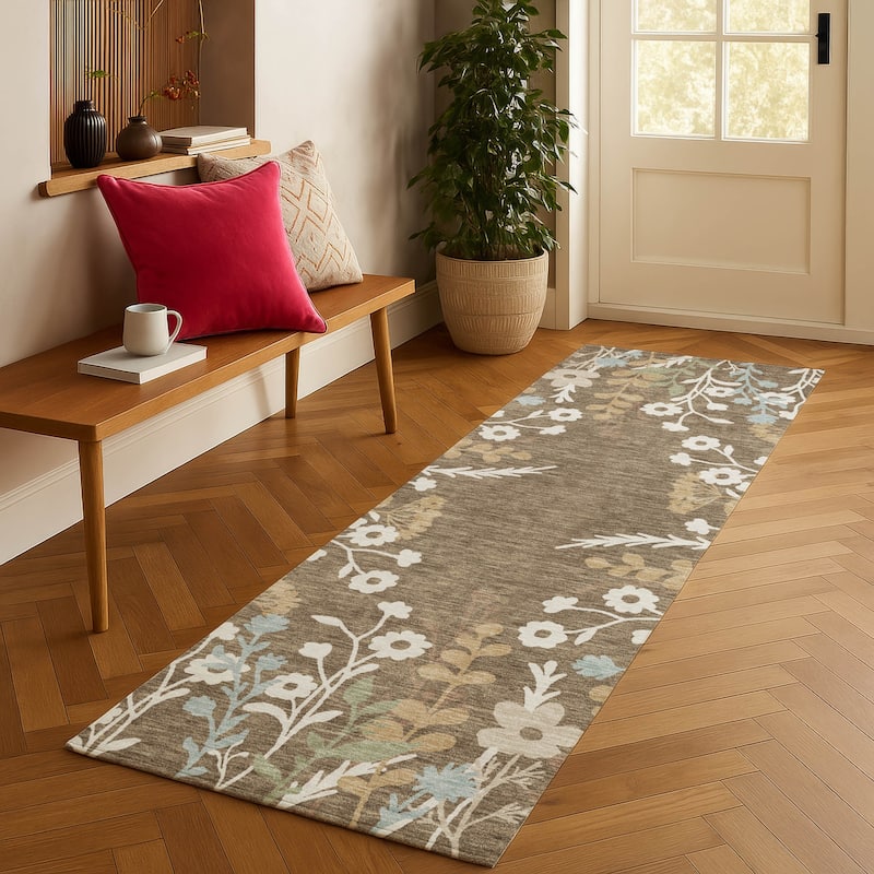 Machine Washable Indoor/ Outdoor Floral Border Chantille Rug