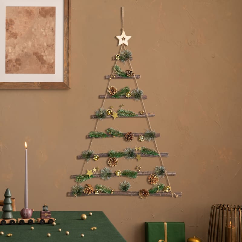 Star and Pinecone Hanging Tree Wooden Christmas Wall Decoration - 30"