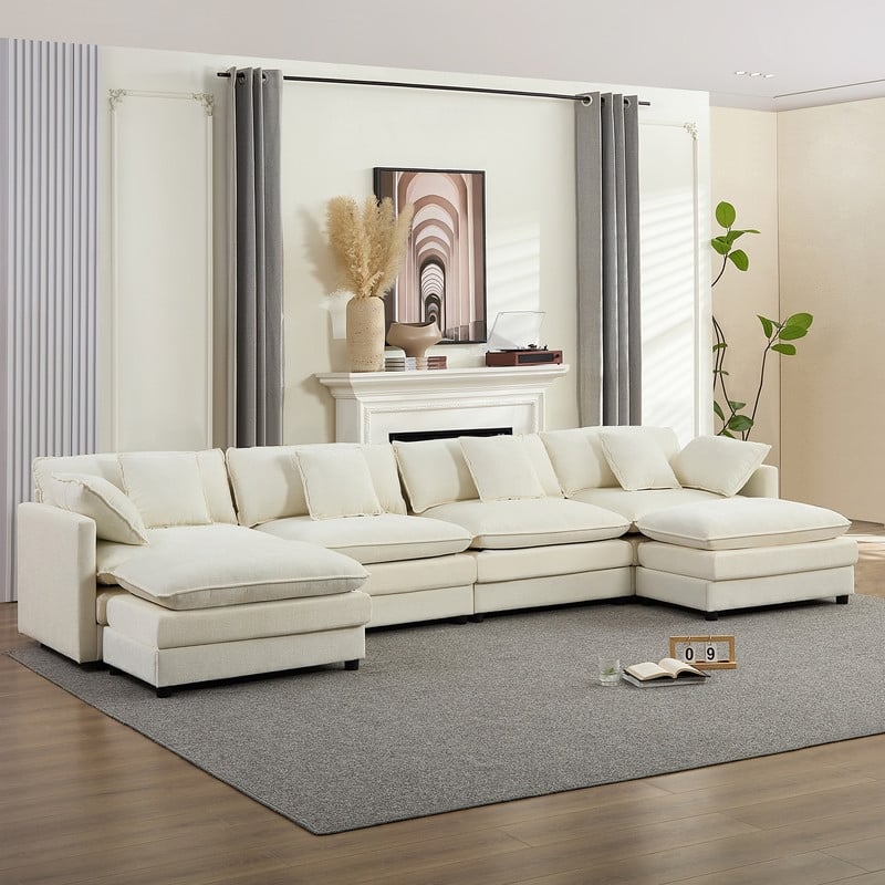 Mixoy 148''Oversized Modular Sectional Sofa, U-Shaped 6-Seater Chenille Upholstered Deep Seat Sofa with 2 Movable Ottomans - 4+2 - BEIGE - Symmetrical