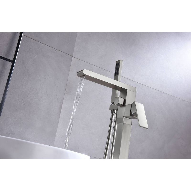 Waterfall brushed nickel Freestanding pressure Balance Single Handle Bathtub Faucet with Handheld Sprayer - 9'6" x 13'6"