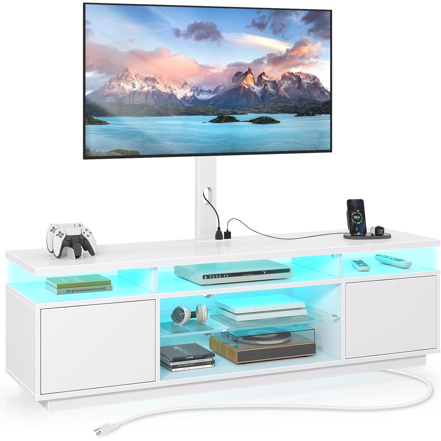 Swivel TV Stand 59.1", Height Adjustable with Storage & LED Lights, Modern Entertainment Center, White