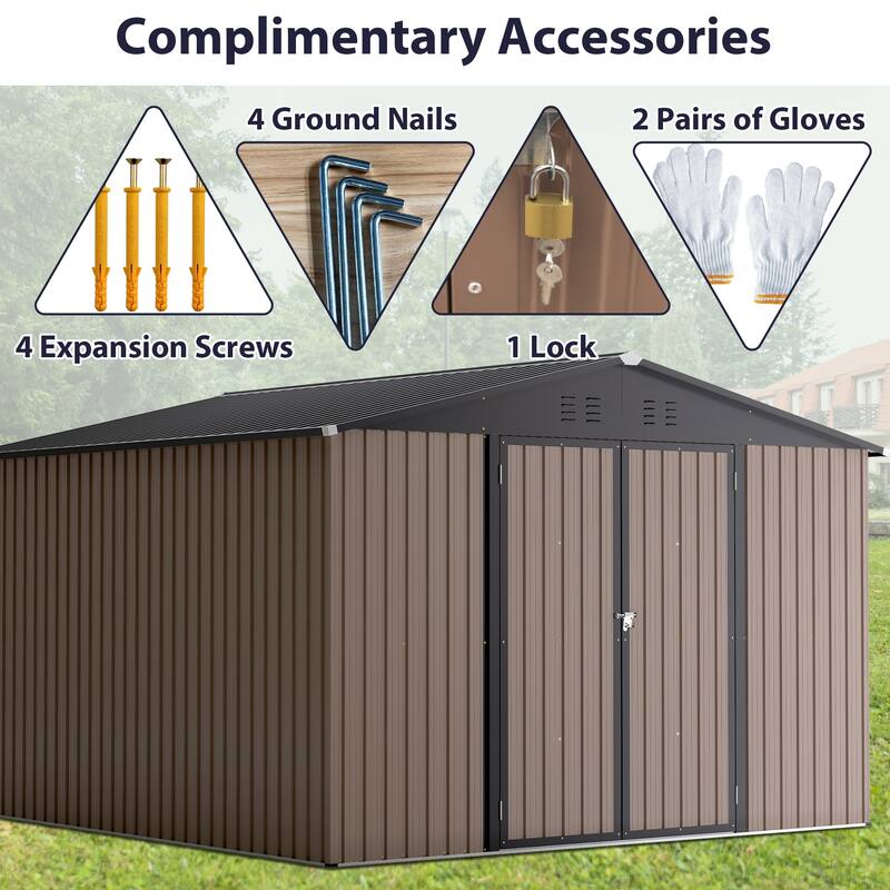 10x10 FT Outdoor Storage Shed, Utility Metal Tool Storage with Lockable Doors and Updated Frame Structure, Large Metal Shed