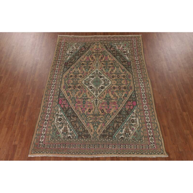 Hamedan Persian Vintage Rug Geometric Hand-Knotted Wool Carpet - 7'0"x 10'0"