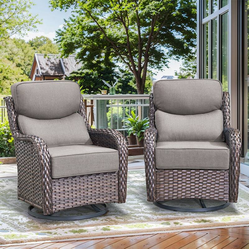 Outdoor Swivel Chairs with 6-Inch Thick Cushions for Garden - Brwon Wicker Grey Cushion - 2PCS Swivel Chair