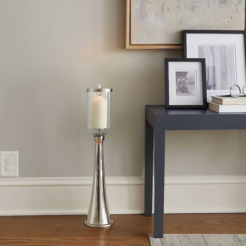 Modern Metal and Glass Floor Candle Stand for Pillar Candles - 34.0" - Silver/ Metallic