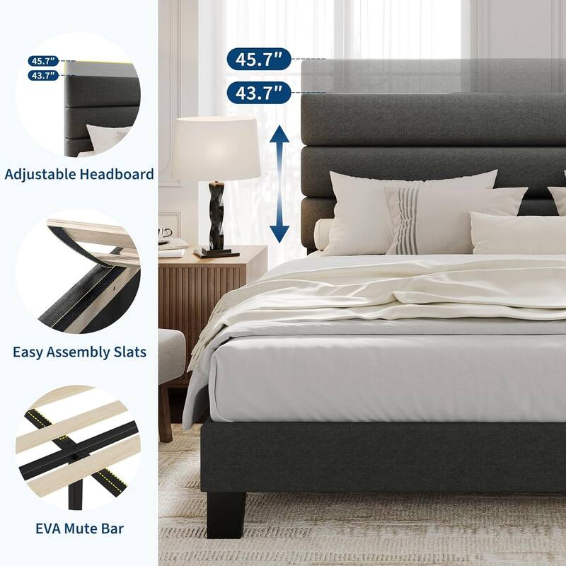 Bed Frame with Fabric Upholstered Adjustable Headboard, Wooden Slats Support