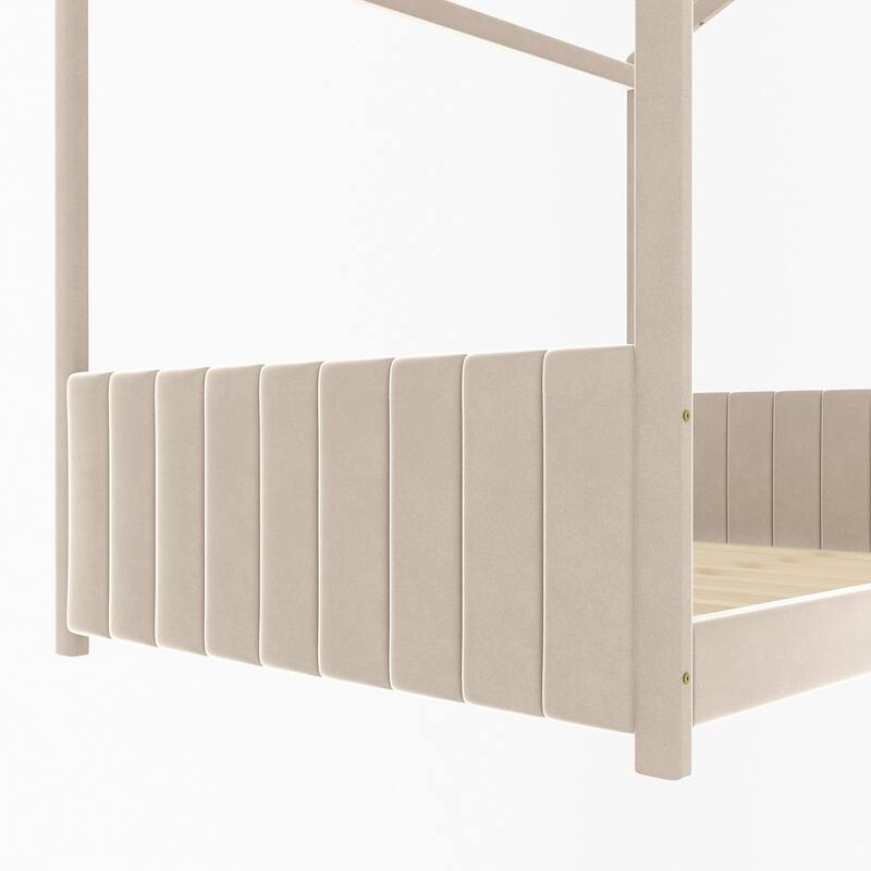Twin/Full Size Velvet Upholstered House Bed for Kids with Roof Design, Playful and Cozy, Easy Assembly