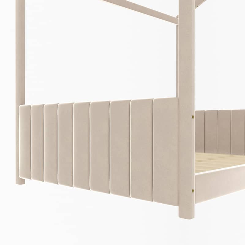 Velvet Upholstered House Bed for Kids, Twin/Full Size with Modern Roof Design