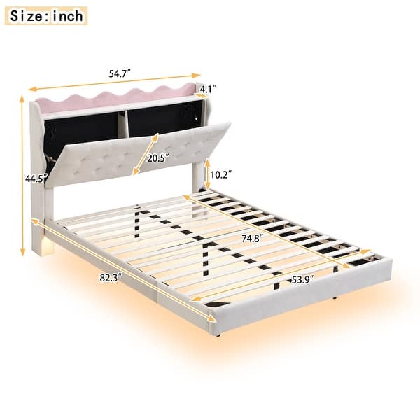 Stylish Upholstery Platform Bed with LED Light Strips, Storage Headboard & 2 USB Charging