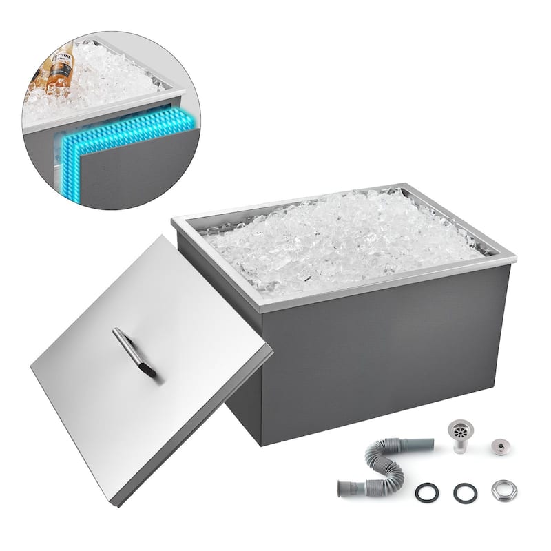 42.9L Stainless Steel Bar Ice Bin with Pot Lid and 24H Insulation Ideal for Beverage or Food Storage - 21.97x16.93x13.58 inch