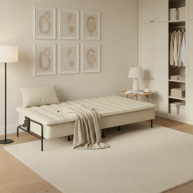 Homy Casa Modern Convertible Sofa Bed, Beige Futon Couch with Metal Frame