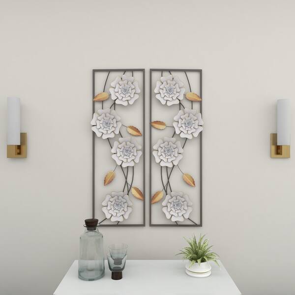 White Metal Floral Wall Decor with Black Frame (Set of 2) 12 x 2 x 36