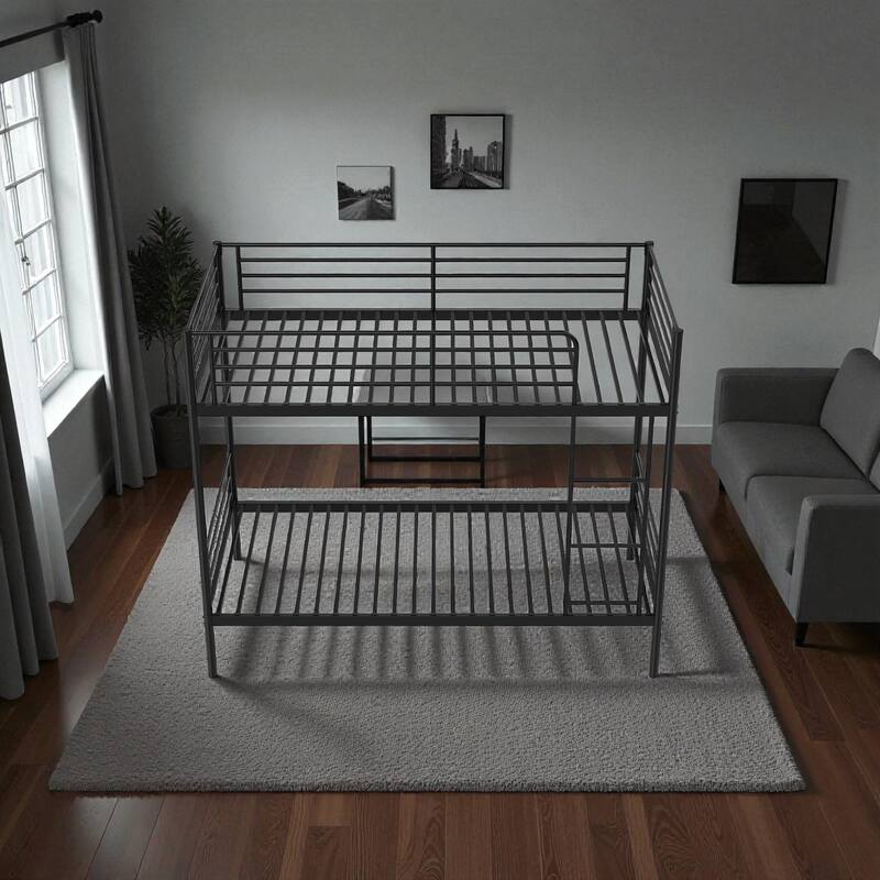 Twin Over Twin Metal Bunk Bed with Ladder, High Guardrails, Convertible to Two Beds, Noise-Free Frame & Storage Space