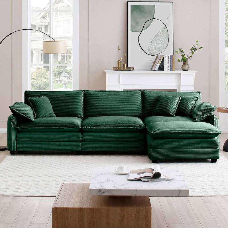 150.38" Modern L-Shaped Modular Sectional Sofa for Living Room, Corduroy Oversized 3-Seater Couch with Movable Ottoman