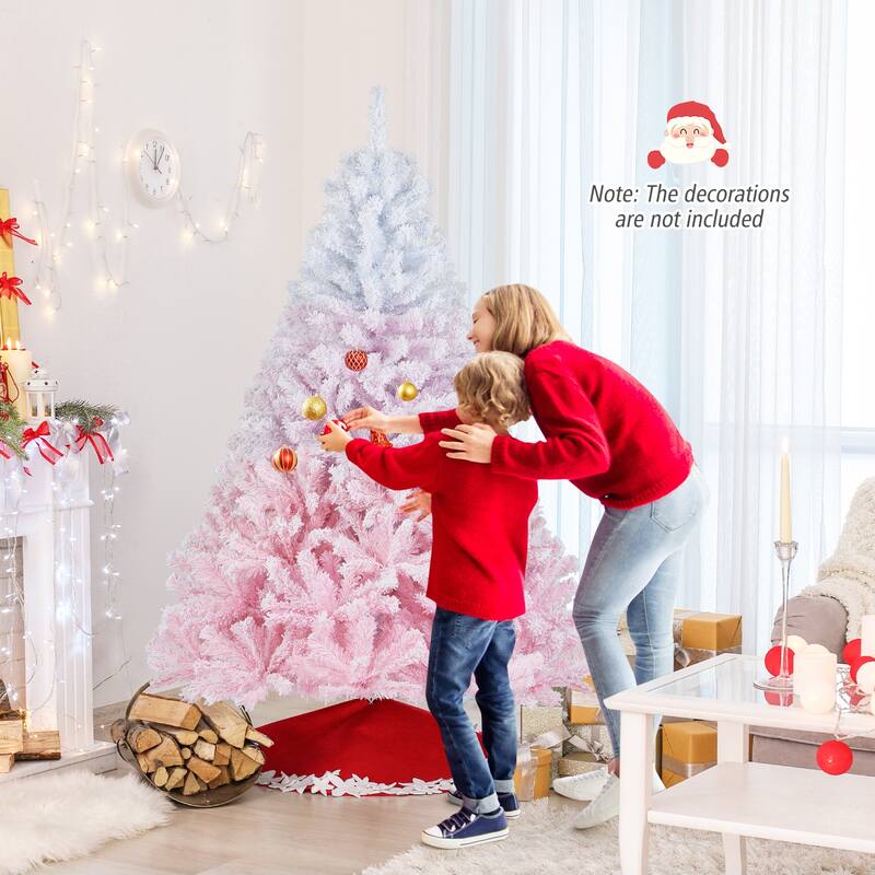 Gymax Artificial Christmas Tree Hinged Snow Flocked Xmas Tree w/ Lush - Pink, White