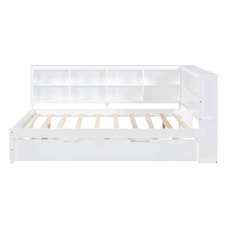 Wooden Full Size DayBed with Twin Size Trundle, DayBed with Storage Shelf and USB Charging Ports