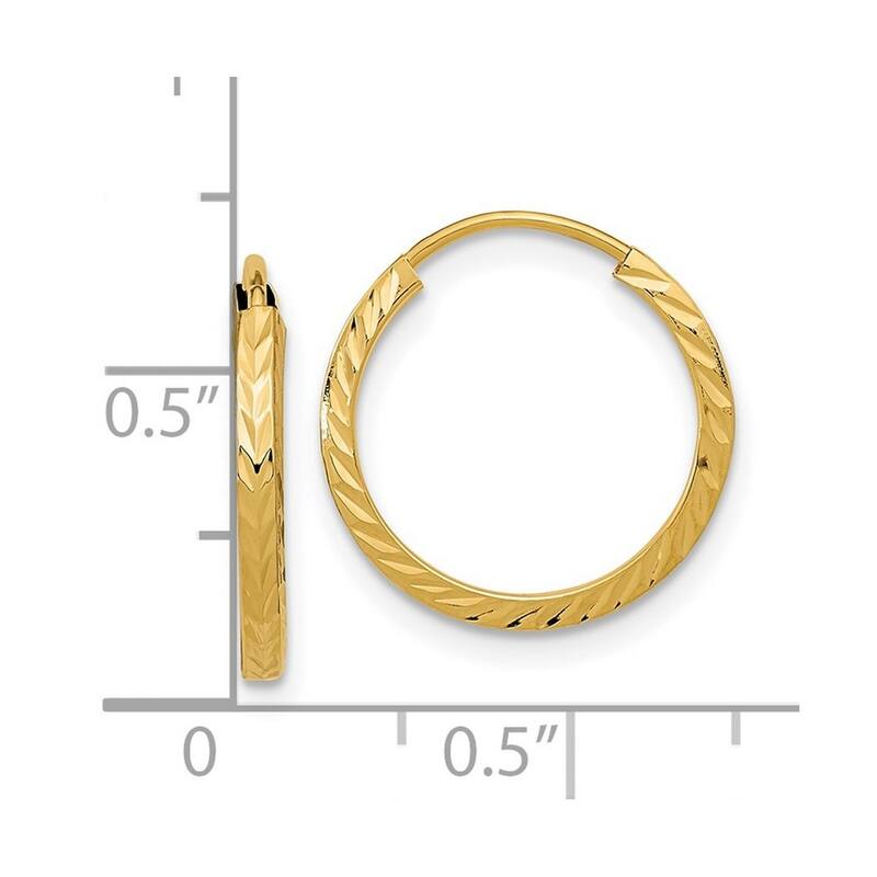 Curata 10k Yellow Gold 1.35mm Diamond cut Square Tube Endless Hoop Earrings - 15mm 17mm 20mm 25mm 30mm 35mm 40mm