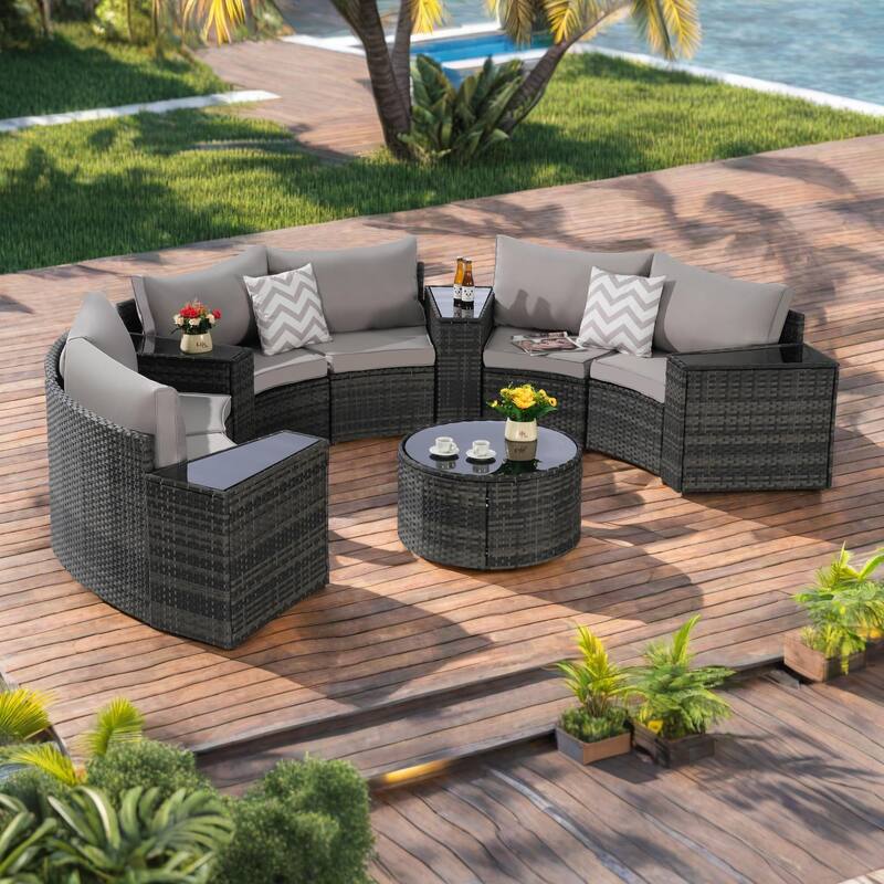 11-Piece Outdoor Half-Round Modular Sectional Sofa Set with Tempered Glass Coffee Table and 4 Side Table - Light Gray