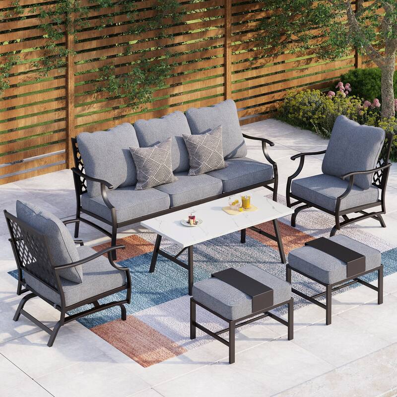 MAISON ARTS 6/7-Piece Patio Conversation Sets, Sofa Set with 2/4 x Single Chairs, 1 x 3-seater Sofa and Coffee Table/Ottomans - Set 3 - Grey