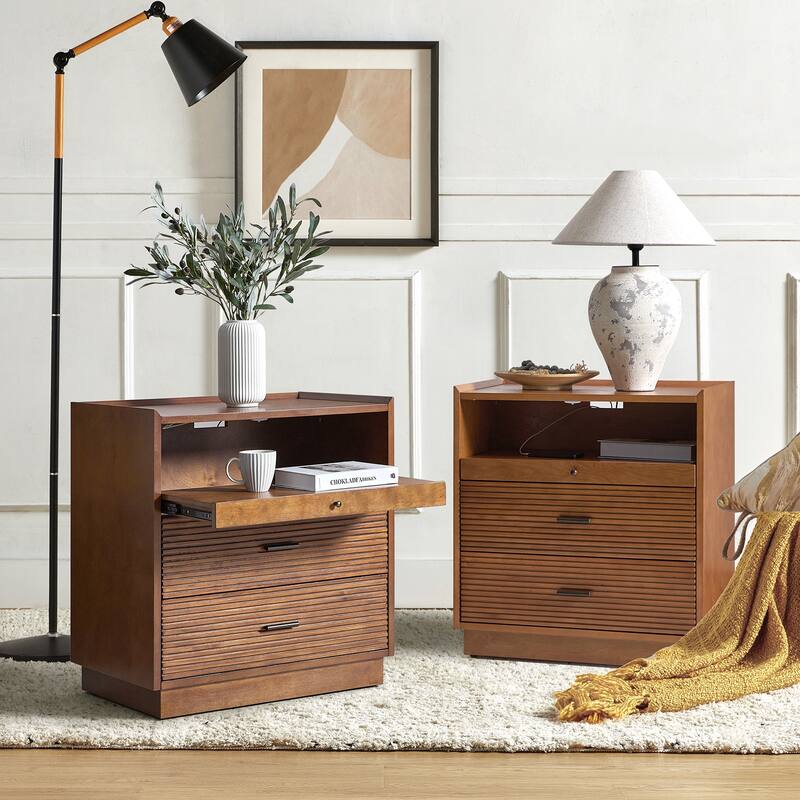 Lorenz Mid-century Nightstand with USB and LED Light Set of 2 by HULALA HOME - Walnut